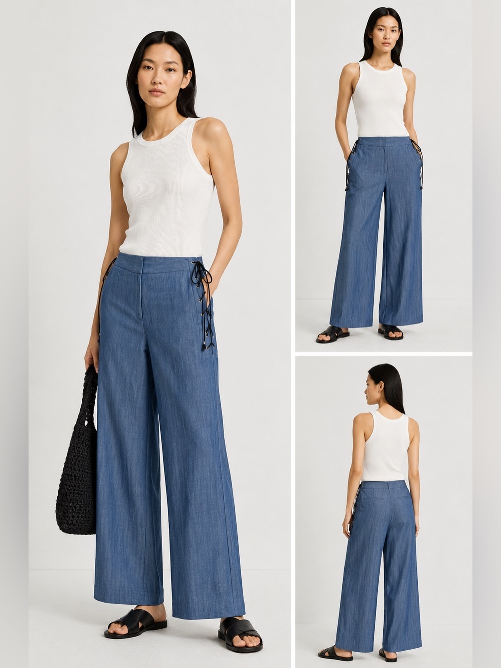 Tibi Blue Wide-Leg Lace-Up Side Pants